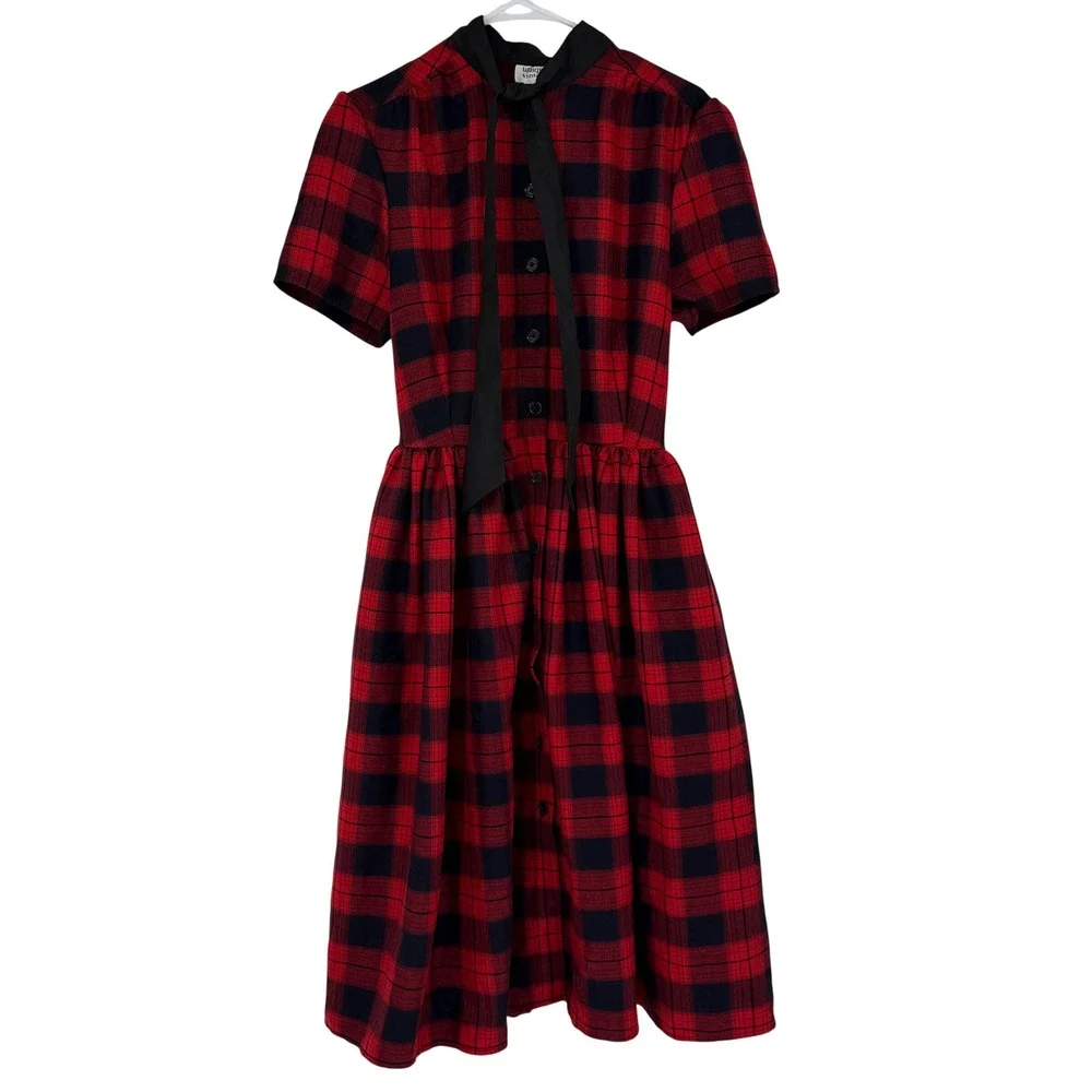 Unique Vintage Red Black Plaid Tie Neck Fit Flare Dress 10-12 Retro Rockabilly - Picture 1 of 5